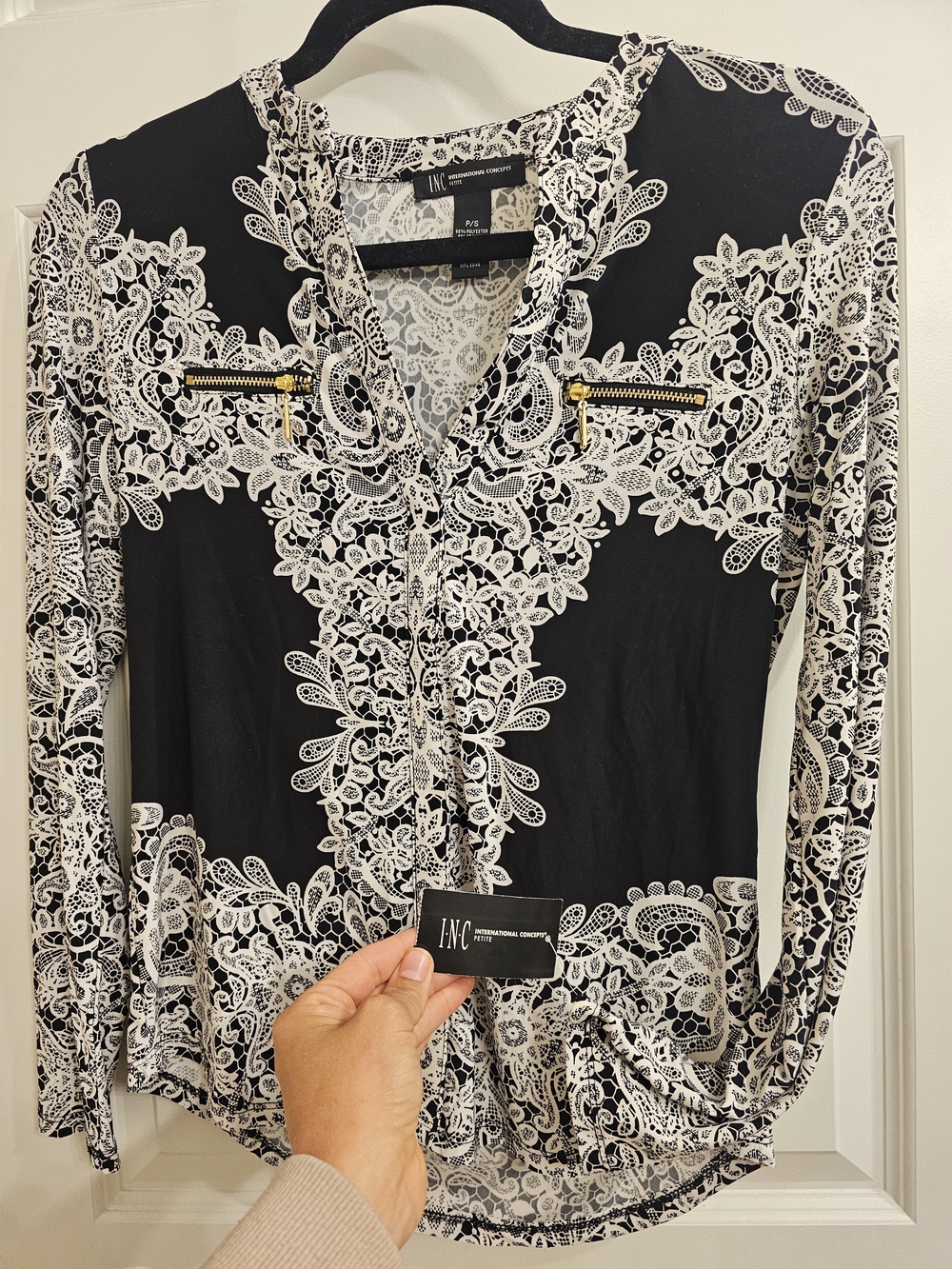 INC International Concepts Black & White Lace-Print V-Neck Blouse with Gold Zips